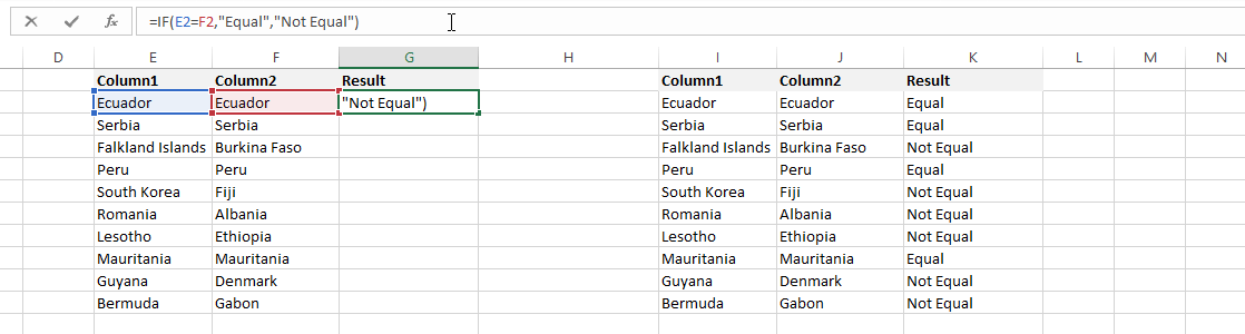 compare two columns using IF formula