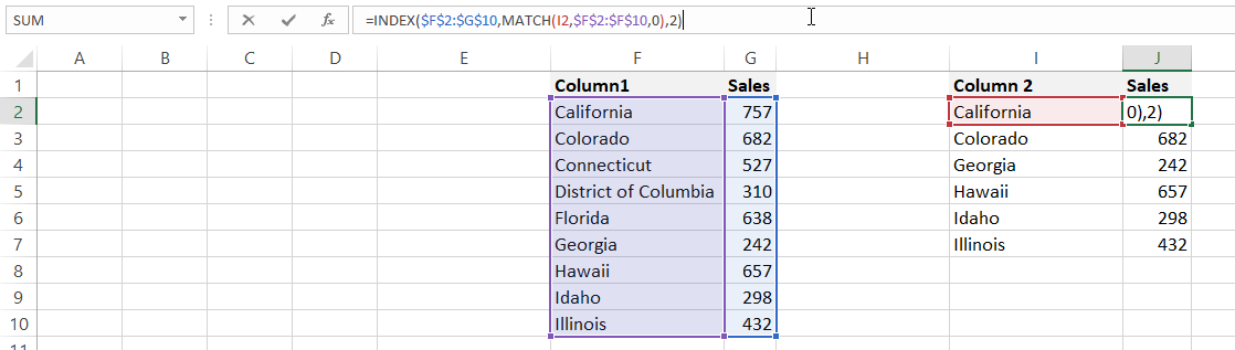 compare two columns index match