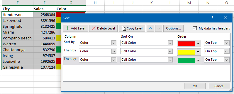 multi level sort by color in excel