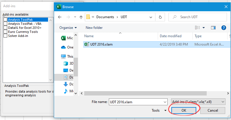 Select the add-in file to install