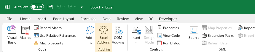 Excel add-ins ribbon location