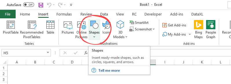insert shapes in excel