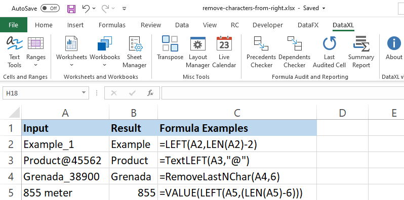 remove characters from right excel