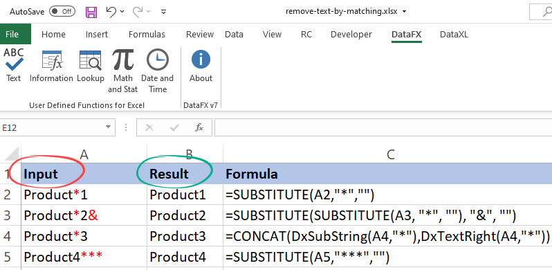 remove text by matching excel formula