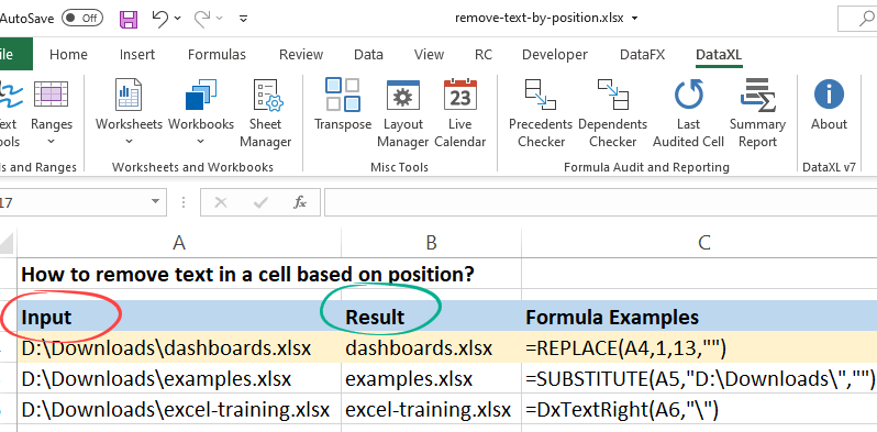remove text by position in excel using various methods