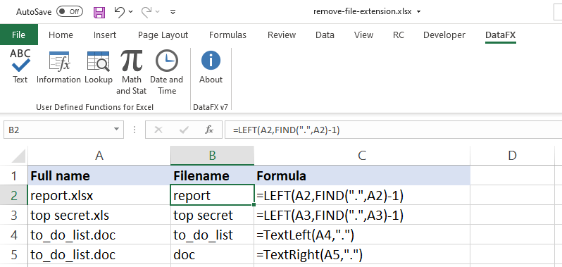 Formula to remove file extension from filename