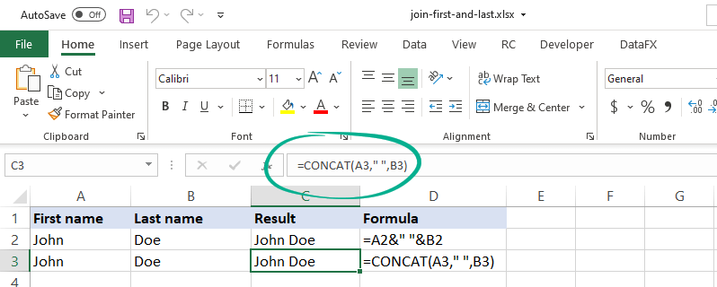 Join first and last names using CONCAT