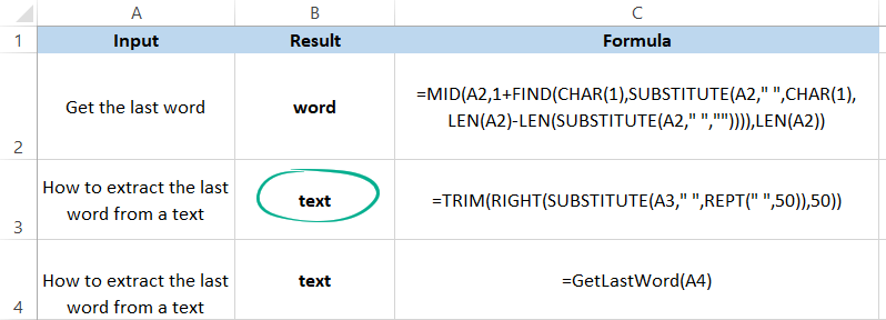 TRIM RIGHT SUBSTITUTE functions in EXCEL