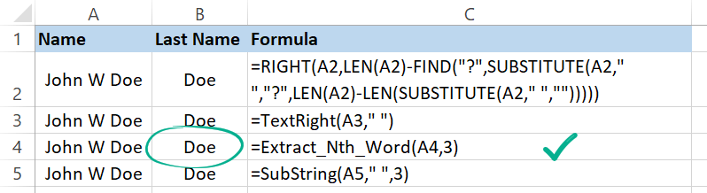 The ExtractNthWord function works similarly to the Substring function
