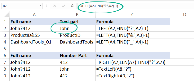 formula to Split text string at specific character