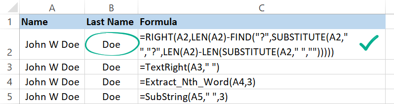 generic formula to get last name from a full name