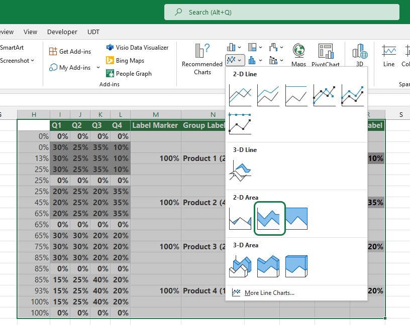 insert a stacked area chart to create mekko charts