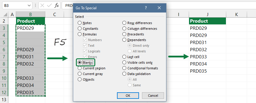 Eliminate blank cells in a list or range