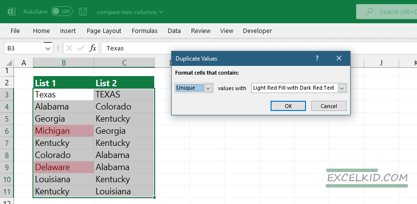 Compare-Two-Columns-and-Highlight-Unique-Items