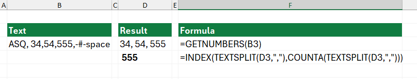 Extract the last number from a cell using the GETNUMBERS function