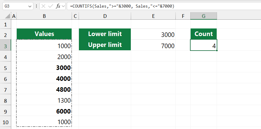 How to count cells between two numbers