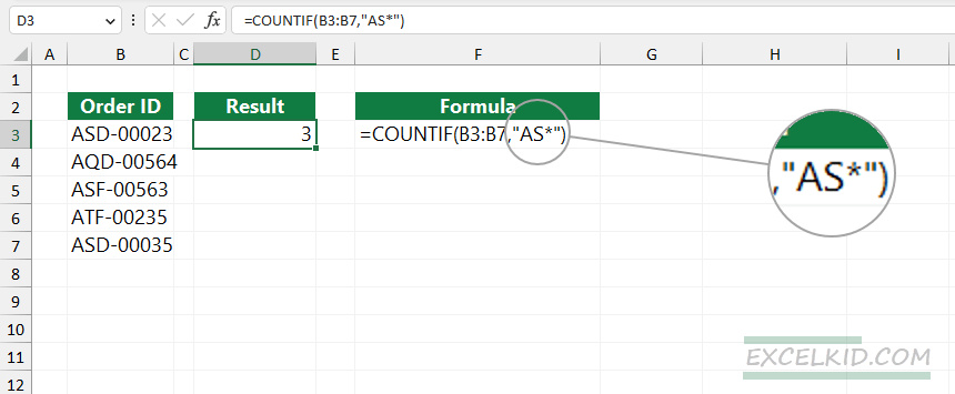 Count cells that begin with a specified text: COUNTIF