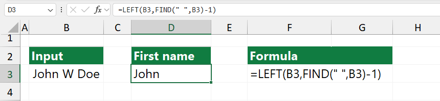 using regular excel formulas to get the first name