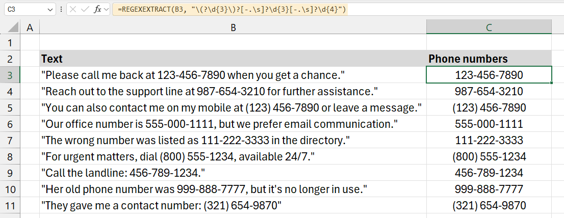 Example 8 - Get phone numbers from a cell contain text