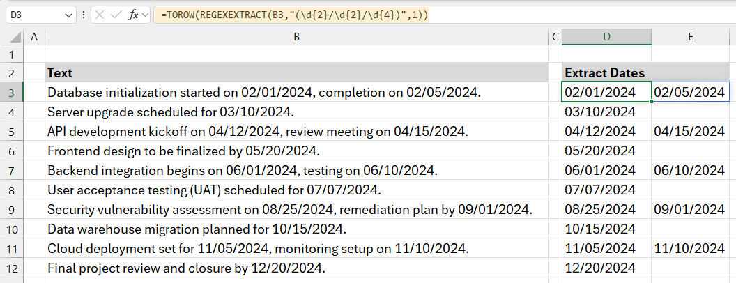 Regex Excel Example 01 - Extract dates from a cell containing text using a formula