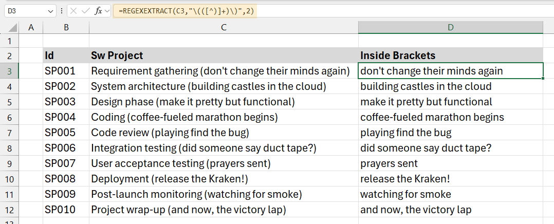 Regex Excel Example 3 - Extract text between two delimiters