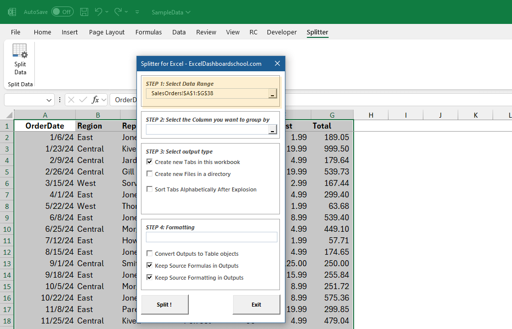 Select the range of data you want to split based on a column