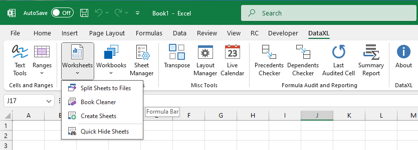 Worksheets DataXL tab