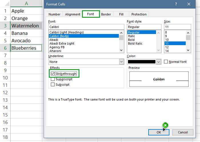 choose-Strikethrough-under-the-format-cells-window