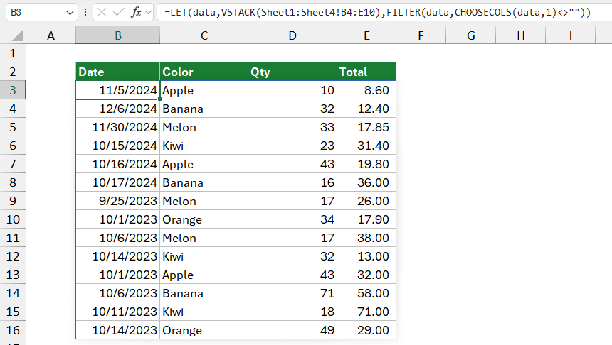 Combine data in multiple worksheets