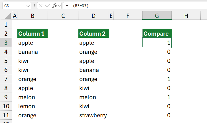 Count matches between two columns double negative true false 0 1