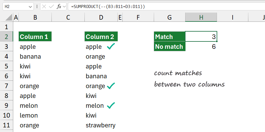 Count matches between two columns