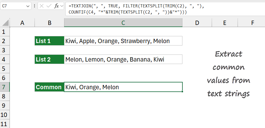 Extract common values from text strings