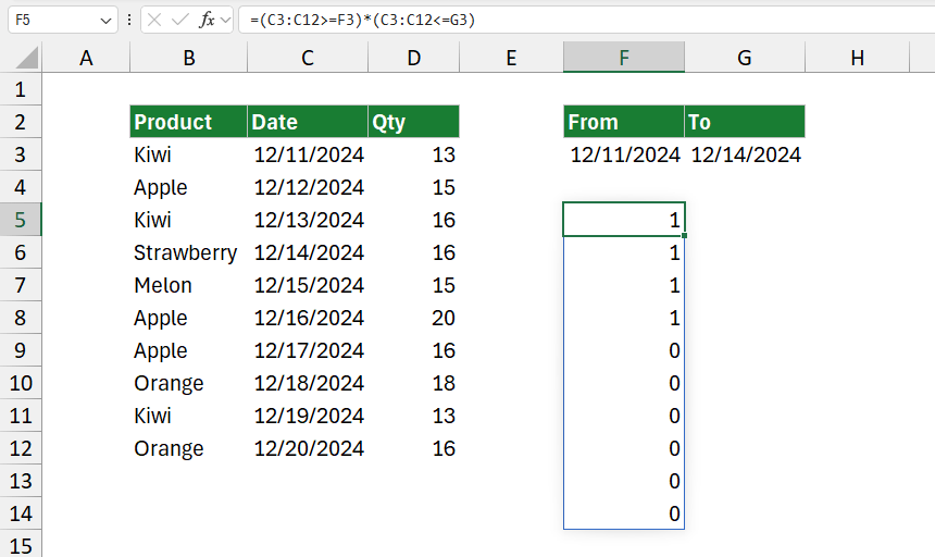 Filter data between dates boolean logic