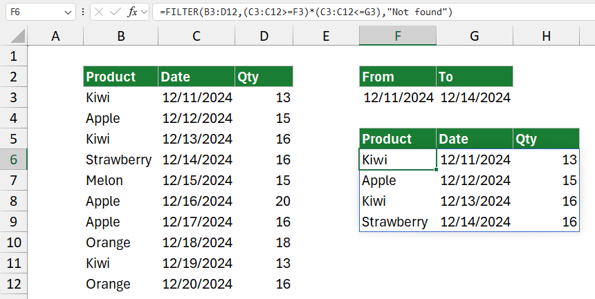 Filter data between dates in Excel