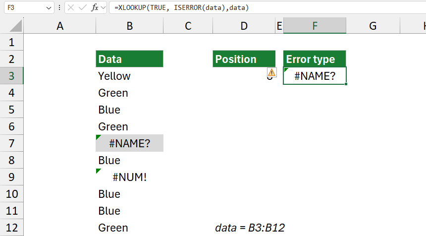 How to identify the type of the first error in a range