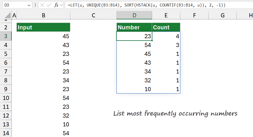 List most frequently occurring numbers in a range in Excel