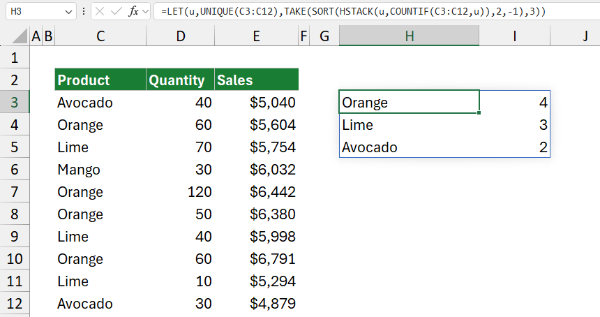 Most common text values in a range in Excel