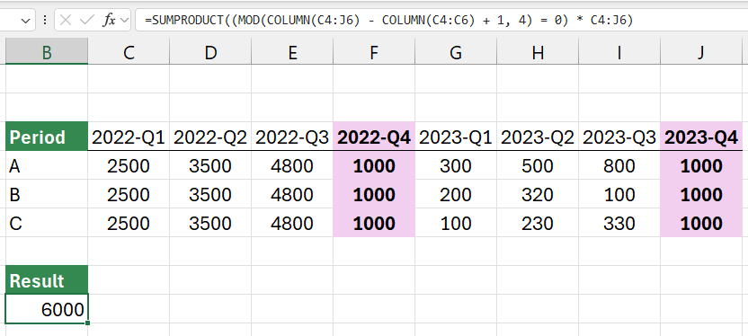 Sum every nth column using SUMPRODUCT MODE and COLUMN