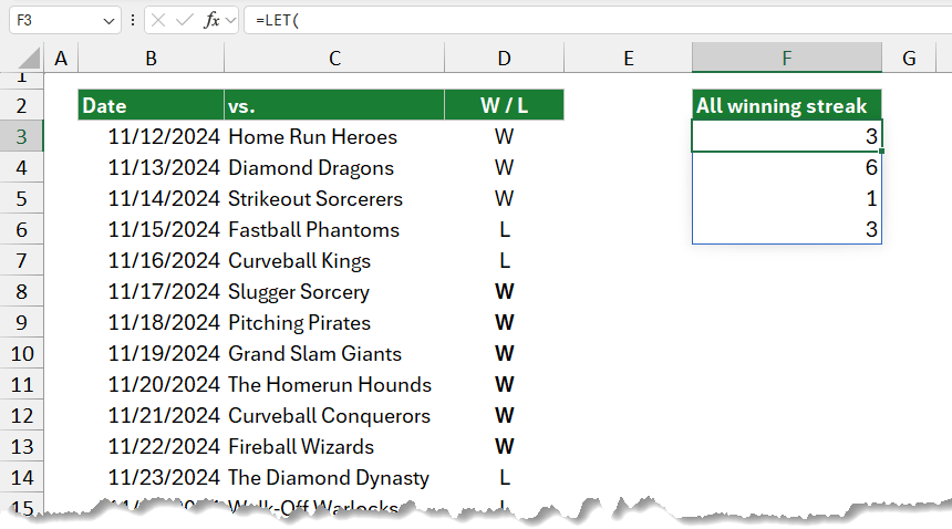 calculate ALL winning streaks in Excel