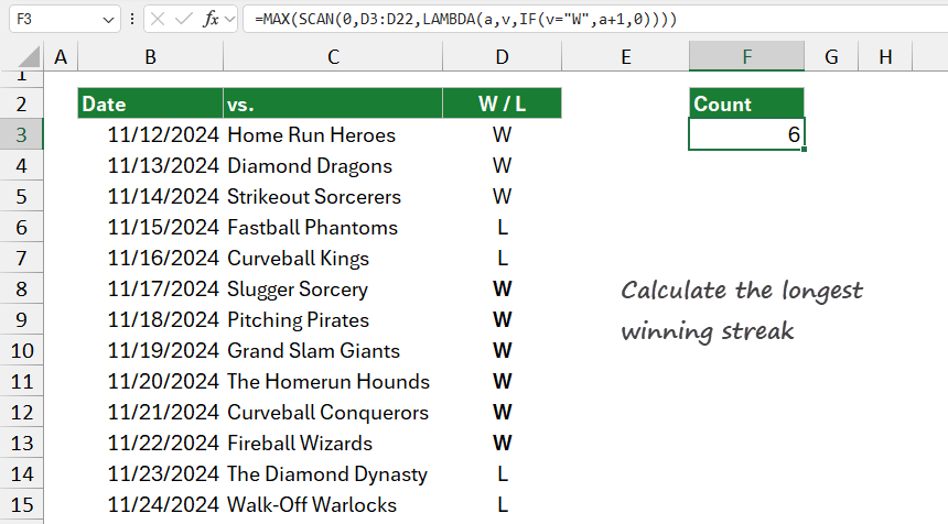 calculate the longest winning streak in Excel