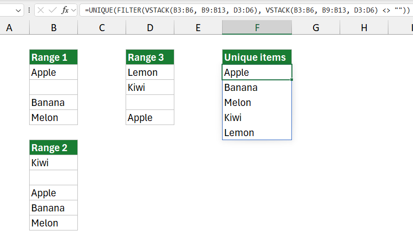 create a unique list of non-blank values from multiple ranges