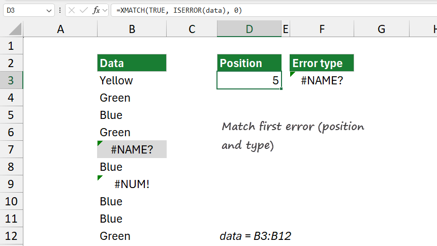 how to match the first error in a range in Excel